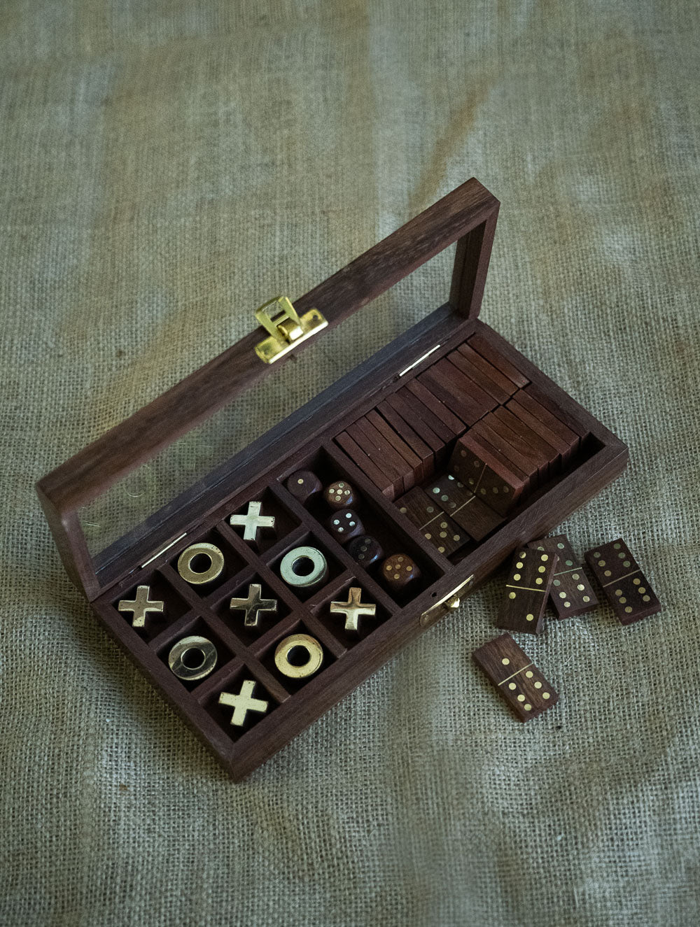 Handcrafted Wooden Games (2-in-1) - Tic Tac Toe & Dominos