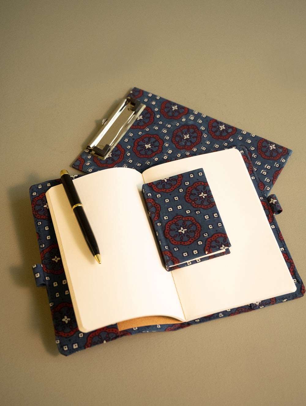 Load image into Gallery viewer, Handmade Ajrakh Large Travel Wallet &amp; Notebook Diary Set - Indigo Florals &amp; Squares (Set of 3) 