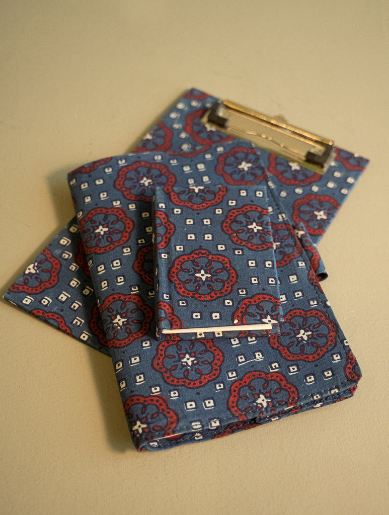 Handmade Ajrakh Large Travel Wallet & Notebook Diary Set - Indigo Florals & Squares (Set of 3) 