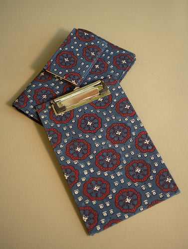 Handmade Ajrakh Large Travel Wallet & Notebook Diary Set - Indigo Florals & Squares (Set of 3) 
