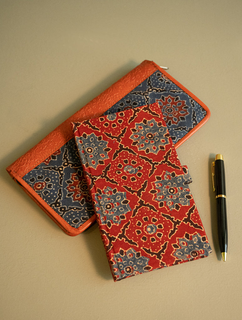 Handmade Ajrakh Large Travel Wallet & Notebook Diary Set - Indigo Legacy (Set of 2) 