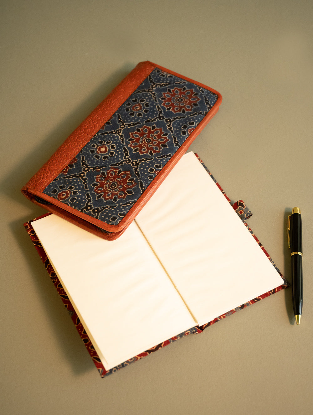 Load image into Gallery viewer, Handmade Ajrakh Large Travel Wallet &amp; Notebook Diary Set - Indigo Legacy (Set of 2) 