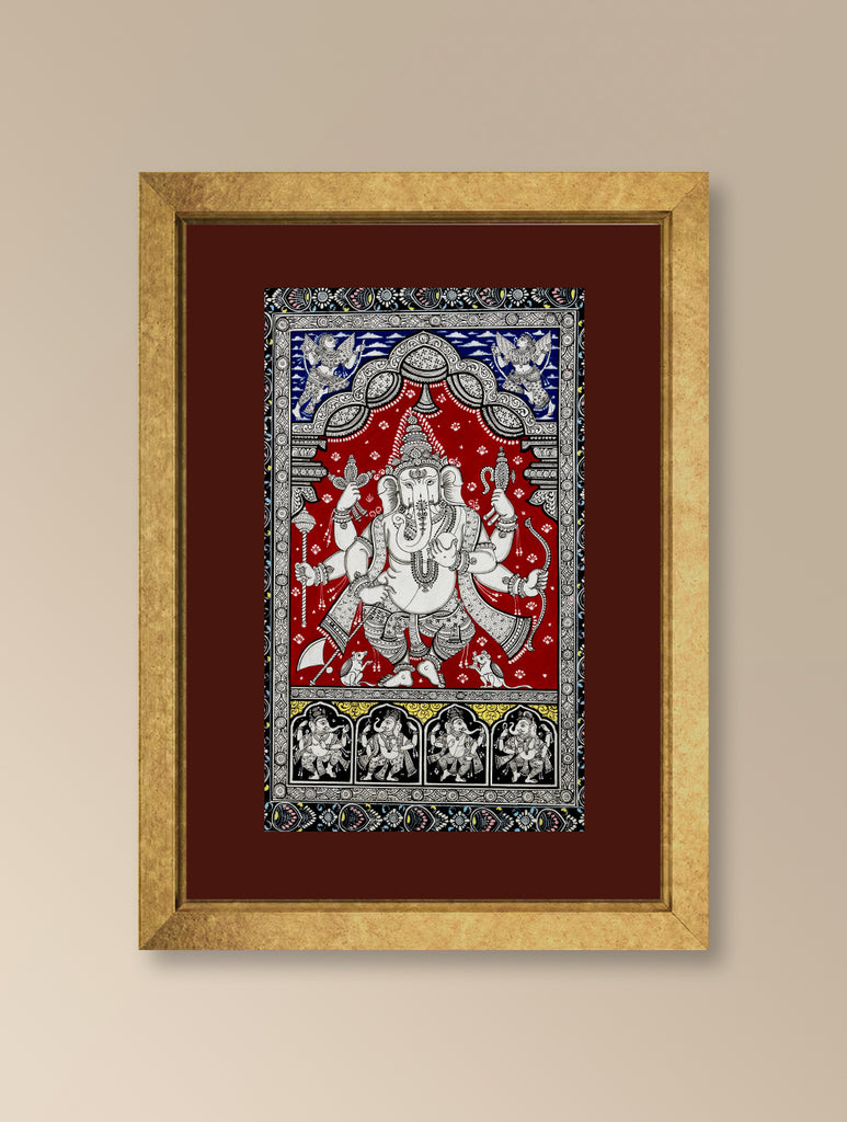 Handpainted Pattachitra Canvas Painting - Ganapati Nrityaleela (Unframed Length - 19" x Width - 13")