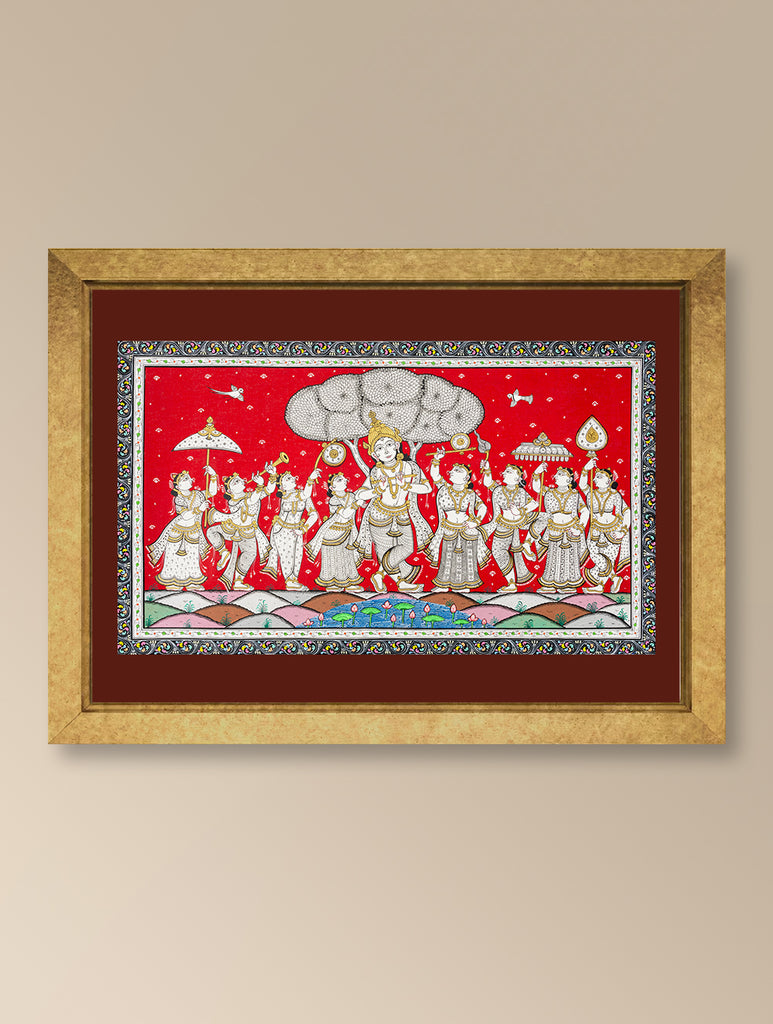 Handpainted Pattachitra Canvas Painting - KrishnaLeela (Unframed Length - 13" x Width - 19")