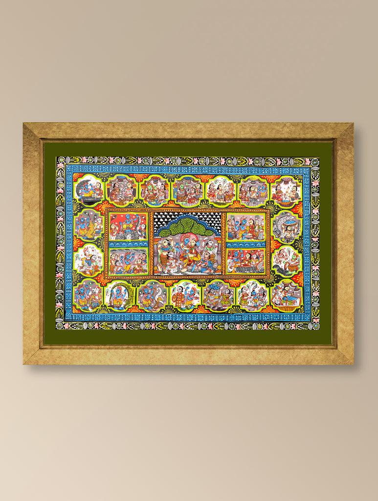 Handpainted Pattachitra Canvas Painting - Krishna Chitrakatha (Unframed Length - 13" x Width - 19")
