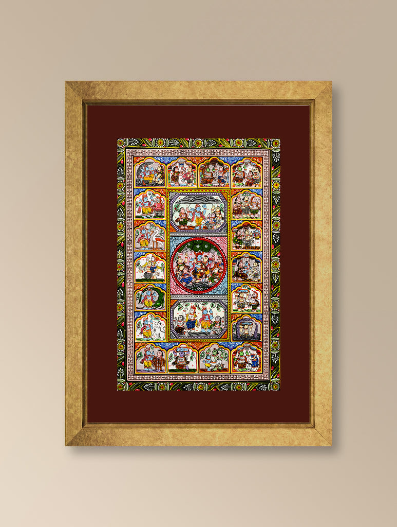 Handpainted Pattachitra Canvas Painting - Krishna Katha Mandala (Unframed Length - 13" x Width - 19")