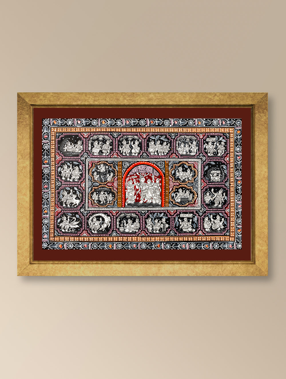 Handpainted Pattachitra Canvas Painting - Krishna Leela (Unframed Length - 13" x Width - 19")