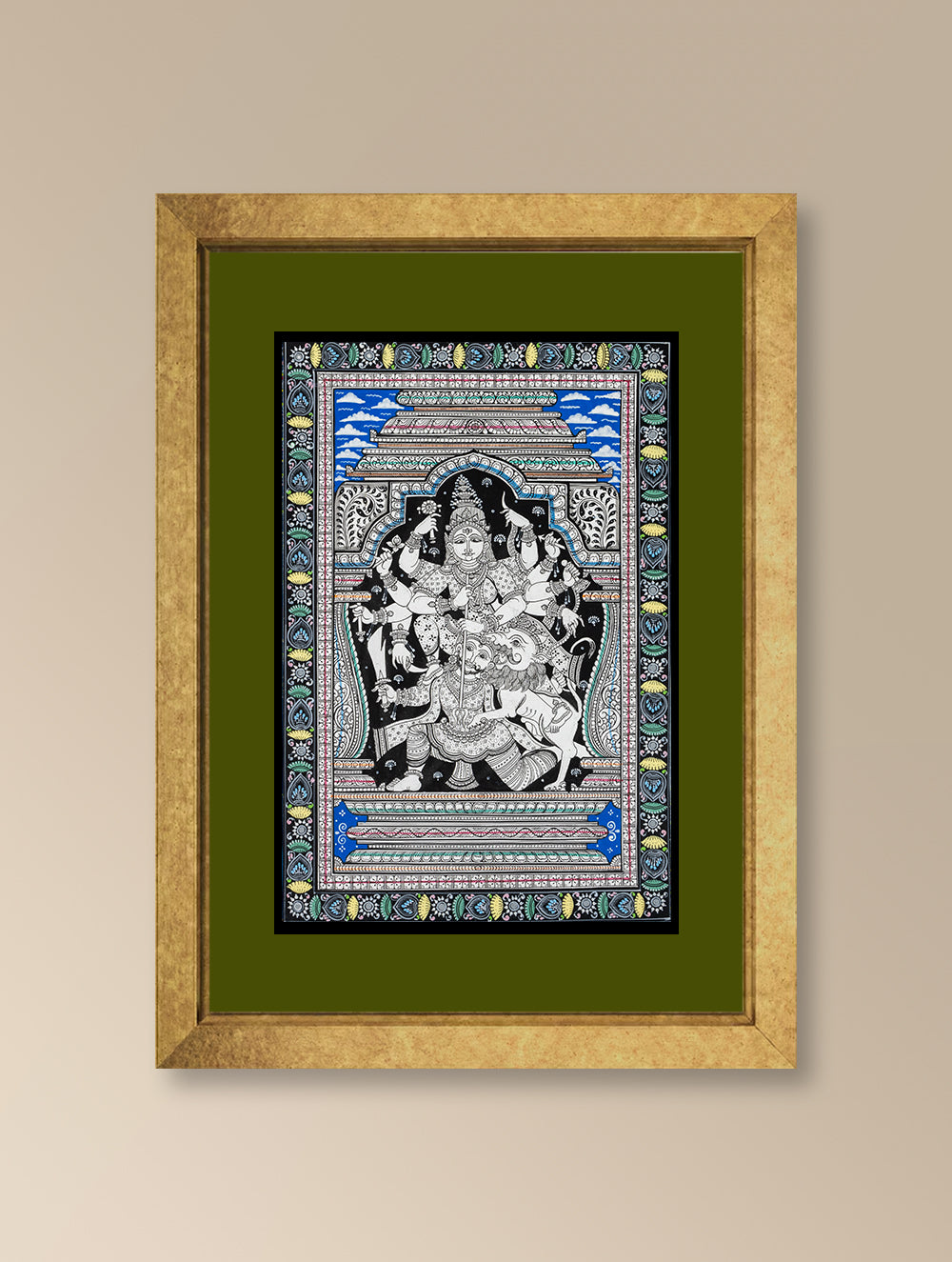 Handpainted Pattachitra Canvas Painting - Mahishasuramardini (Unframed Length - 13" x Width - 19")