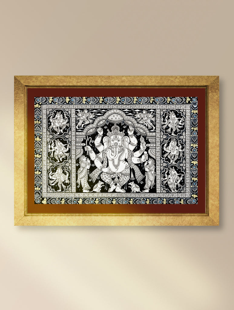 Handpainted Pattachitra Canvas Painting - Nritya Vinayaka (Unframed Length - 19" x Width - 13")