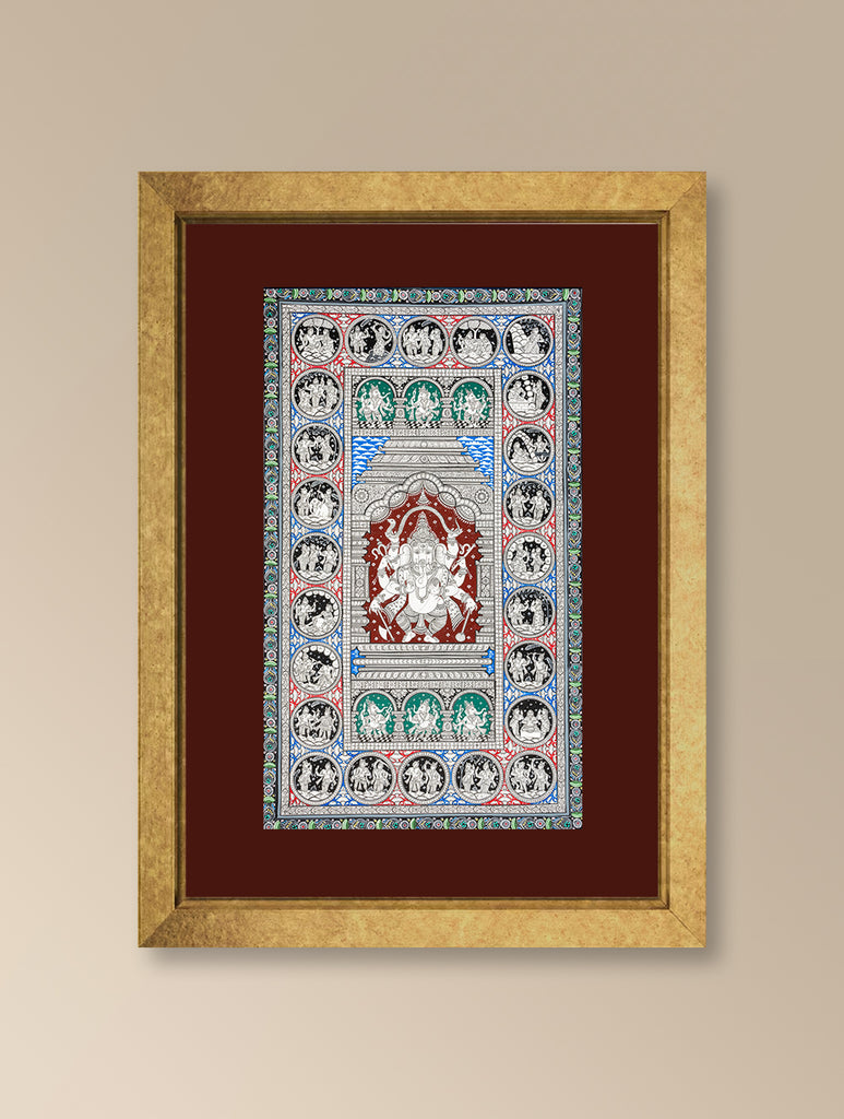 Handpainted Pattachitra Canvas Painting - Vignahartha Mandala (Unframed Length - 13" x Width -19")