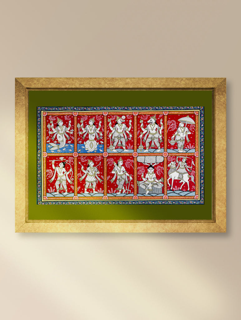 Handpainted Pattachitra Canvas Painting Large - Dashavataram in Red (Unframed Length - 40" x Width - 24")