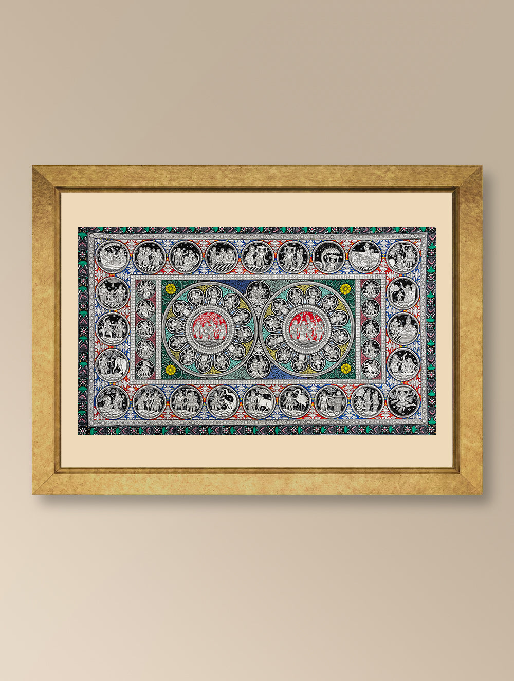 Load image into Gallery viewer, Handpainted Pattachitra Canvas Painting Large - Gokulam (Unframed Length - 40&quot; x Width - 24&quot;)