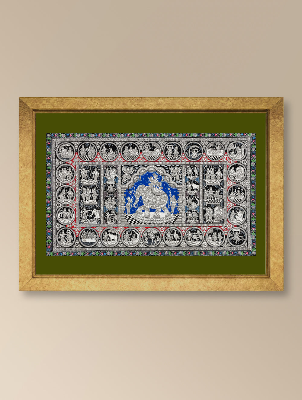 Handpainted Pattachitra Canvas Painting Large - Mythic Tales in Blue (Unframed - 40" x Width - 24")