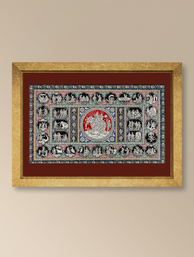 Handpainted Pattachitra Canvas Painting Large - Mythic Tales in Red (Unframed - 40" x Width - 24")