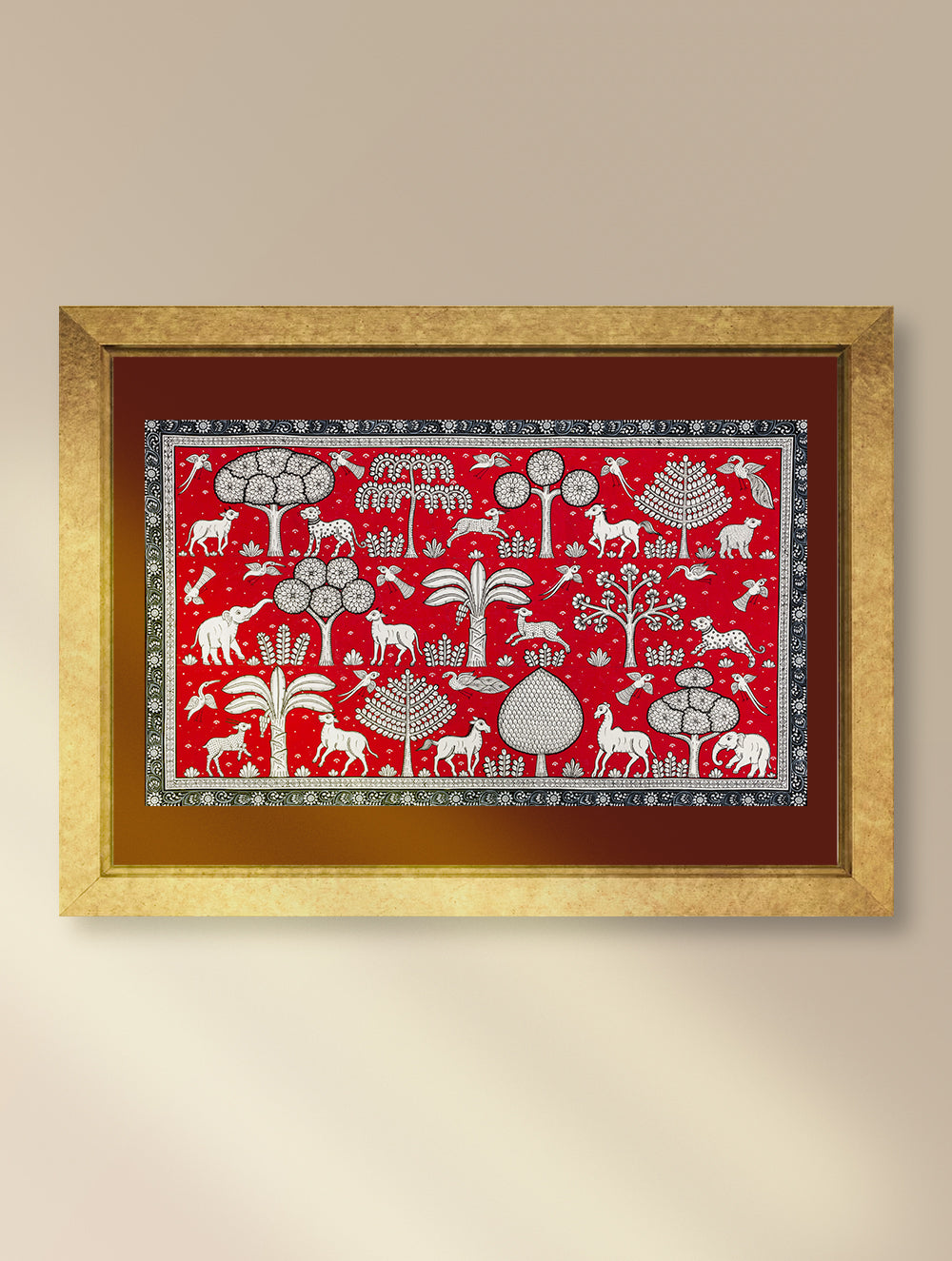 Handpainted Pattachitra Canvas Painting Large - The Red Forest (Unframed Length - 40" x Width - 24")