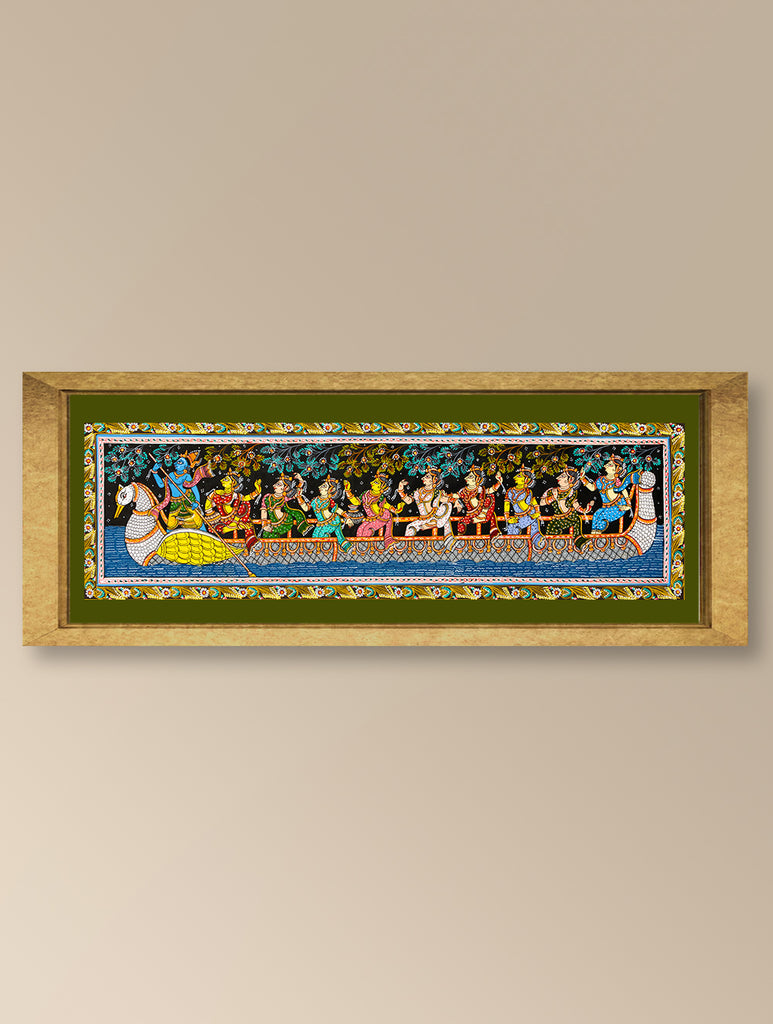 Handpainted Pattachitra Silk Painting Large - Hamsa Vahana (Unframed Length - 42" x Width - 12")