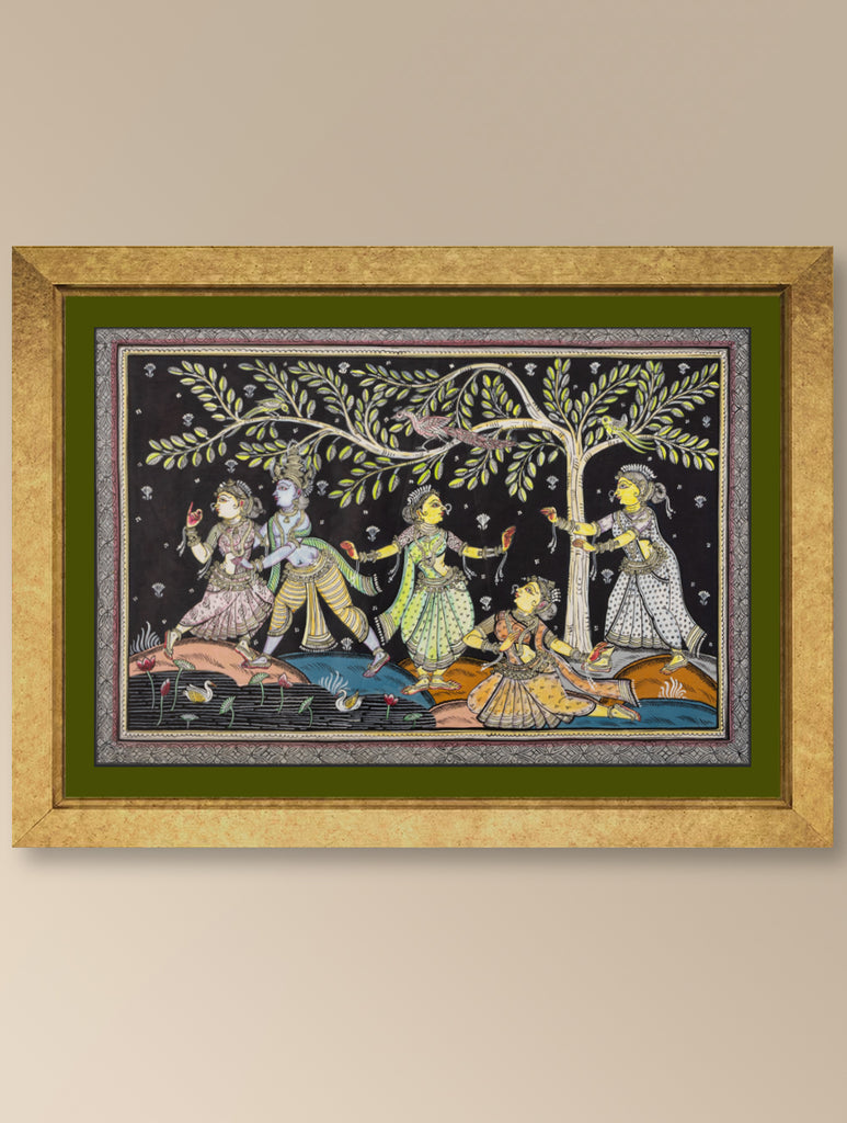 Handpainted Pattachitra Silk Painting Large - The Celestial Dance (Unframed Length - 30" x Width - 18")