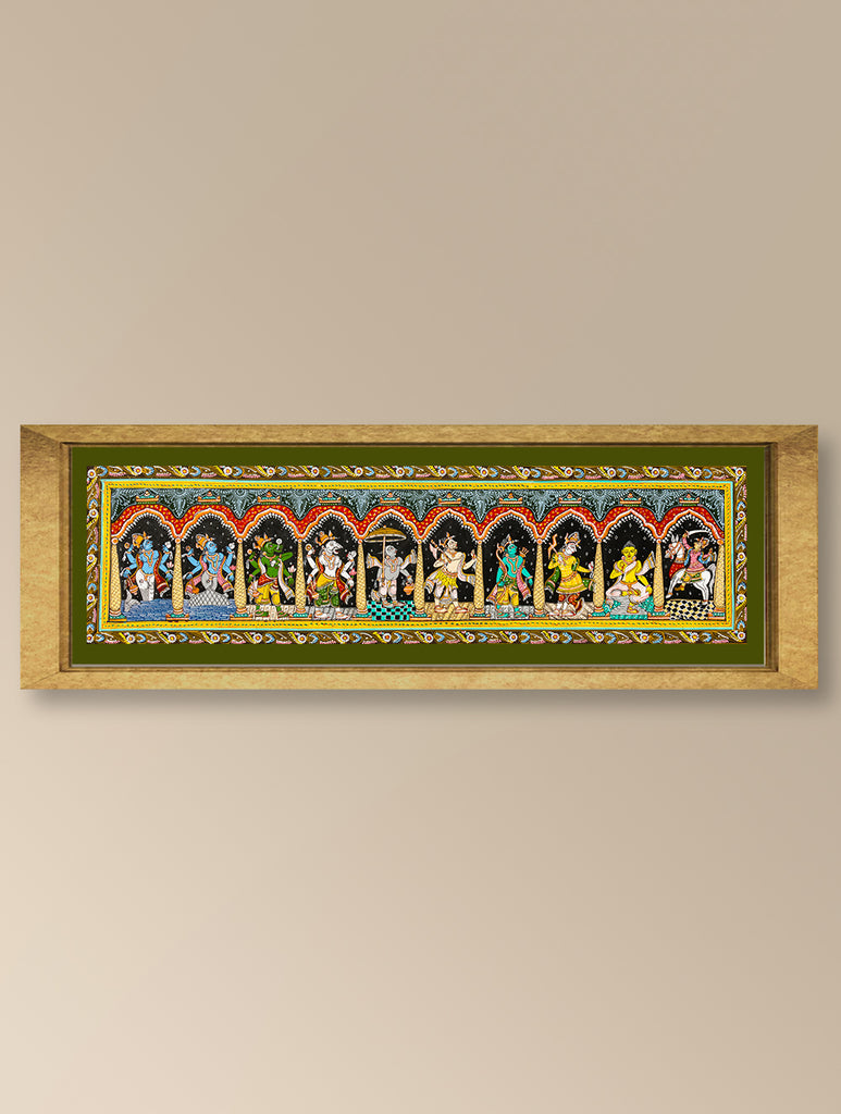 Handpainted Pattachitra Silk Painting Large - The Ten Incarnations (Unframed Length - 42" x Width - 12")