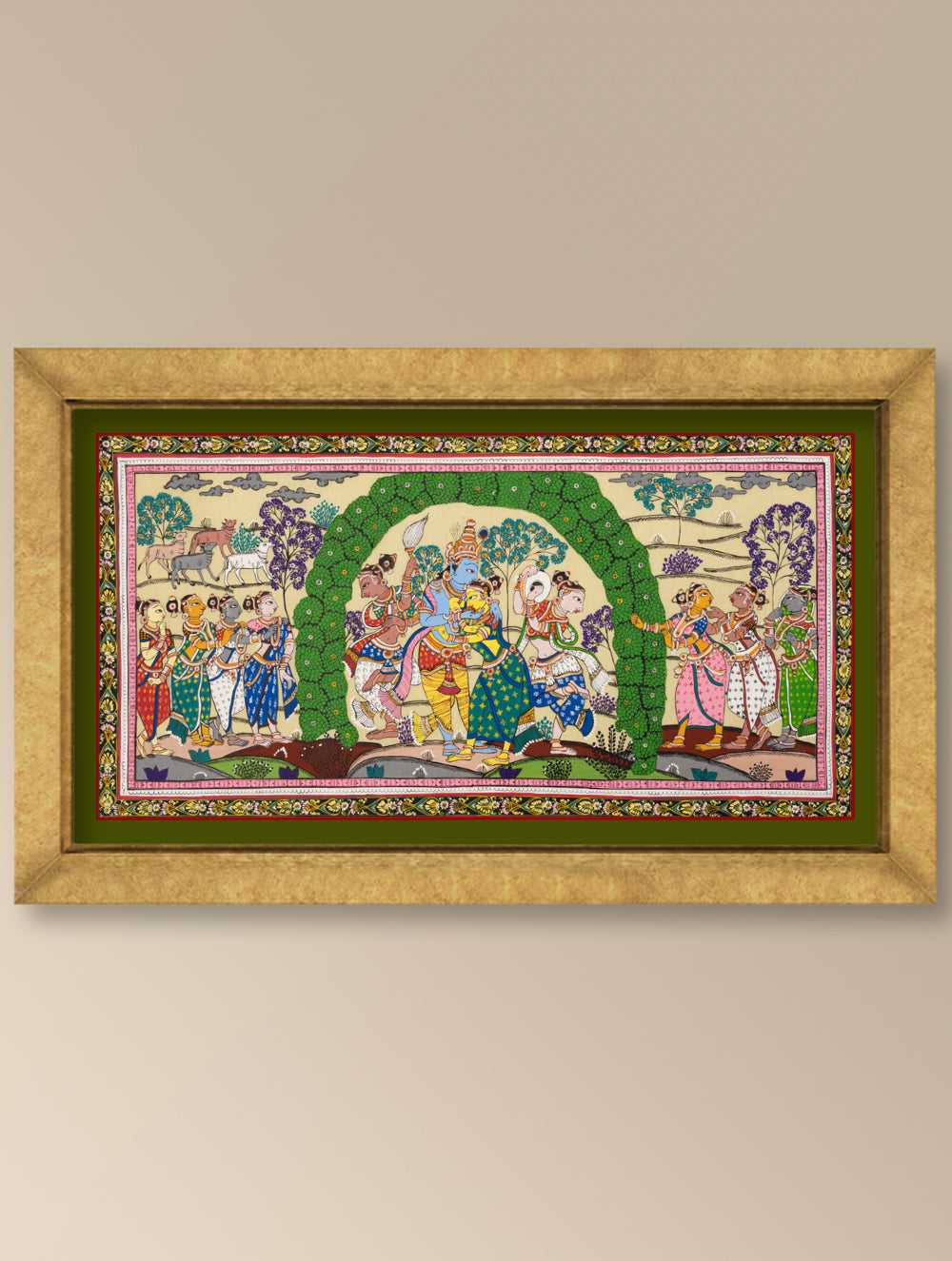 Handpainted Pattachitra Tussar Silk Painting Large - Forest Wedding (Unframed Length - 40" x Width - 18")
