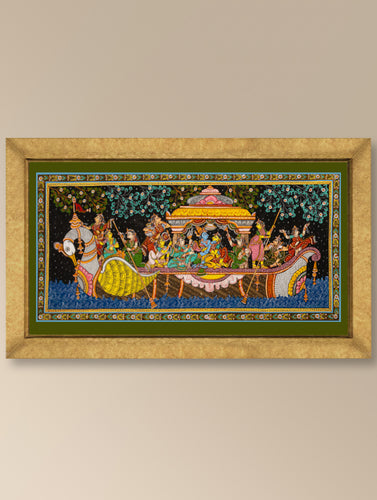 Handpainted Pattachitra Tussar Silk Painting Large - Hamsa Sangaman (Unframed Length - 40