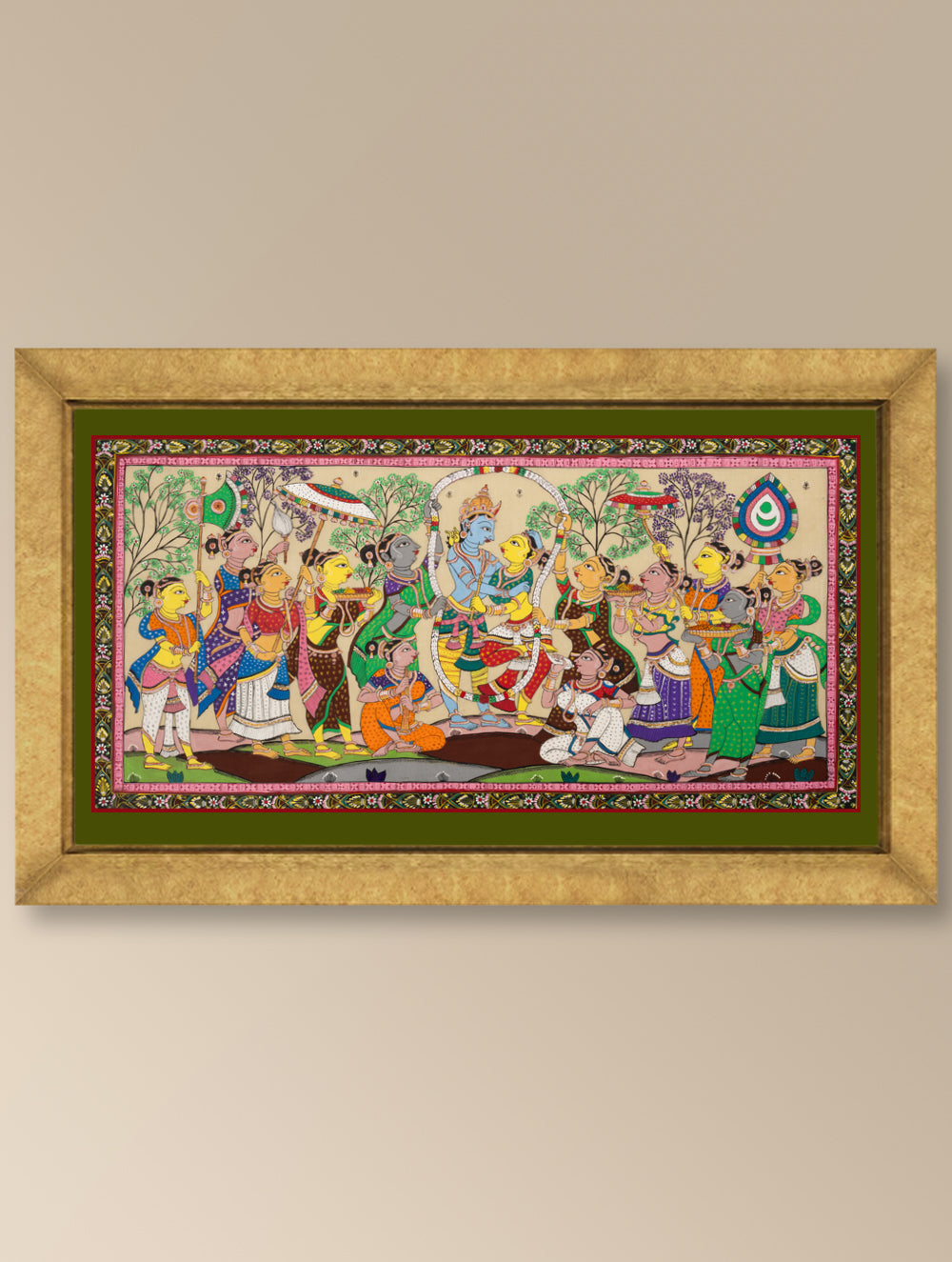 Load image into Gallery viewer, Handpainted Pattachitra Tussar Silk Painting Large - Vaidehi Kalyanam (Unframed Length - 40&quot; x Width - 18&quot;)