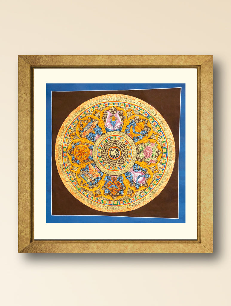 Handpainted Thangka Painting - Ashtamangala Auspicious Symbols (Unframed Height - 19" x Width - 19")