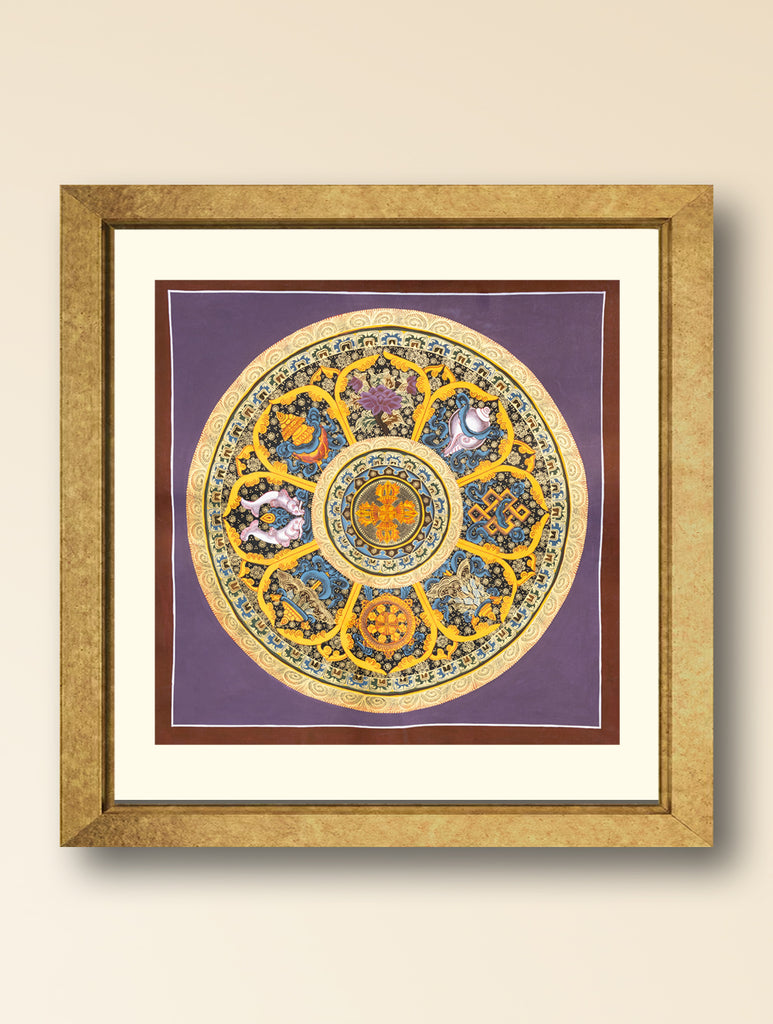 Handpainted Thangka Painting - Ashtamangala Auspicious Symbols, Lilac (Unframed Height - 19" x Width - 19")