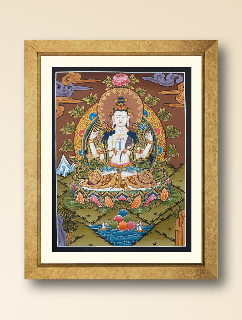 Handpainted Thangka Painting - Chenrezig (Unframed Height - 12" x Width - 9")