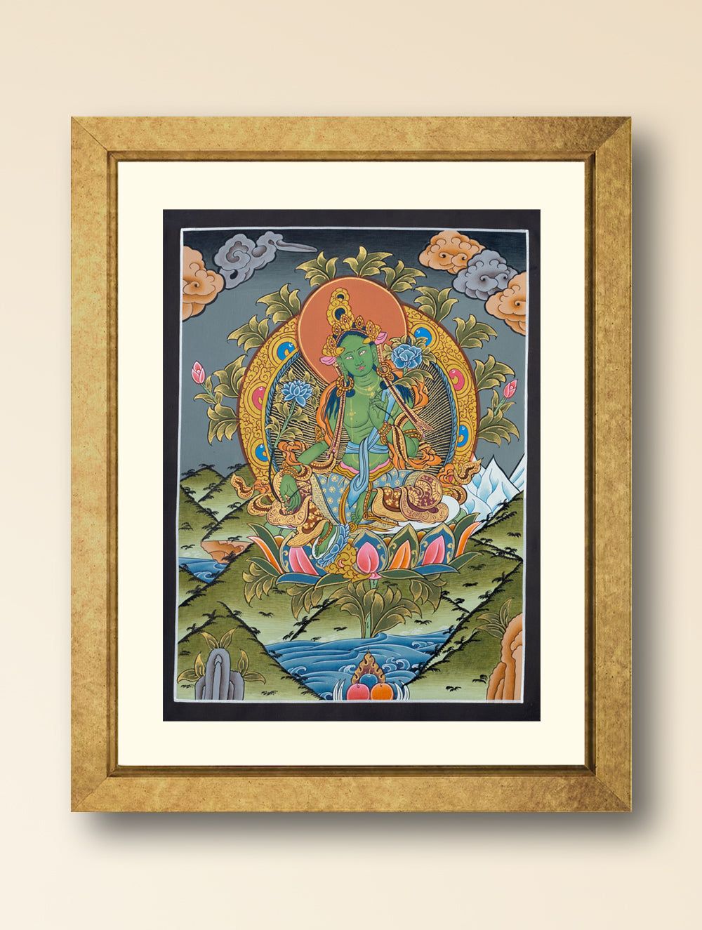 Load image into Gallery viewer, Handpainted Thangka Painting - Green Tara (Unframed Height - 12&quot; x Width - 9&quot;)