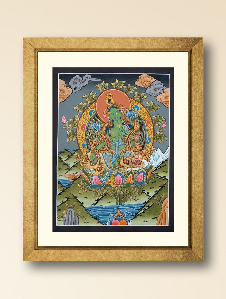 Handpainted Thangka Painting - Green Tara (Unframed Height - 12" x Width - 9")