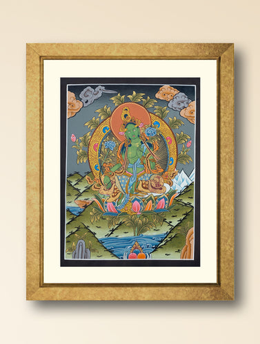 Handpainted Thangka Painting - Green Tara (Unframed Height - 12