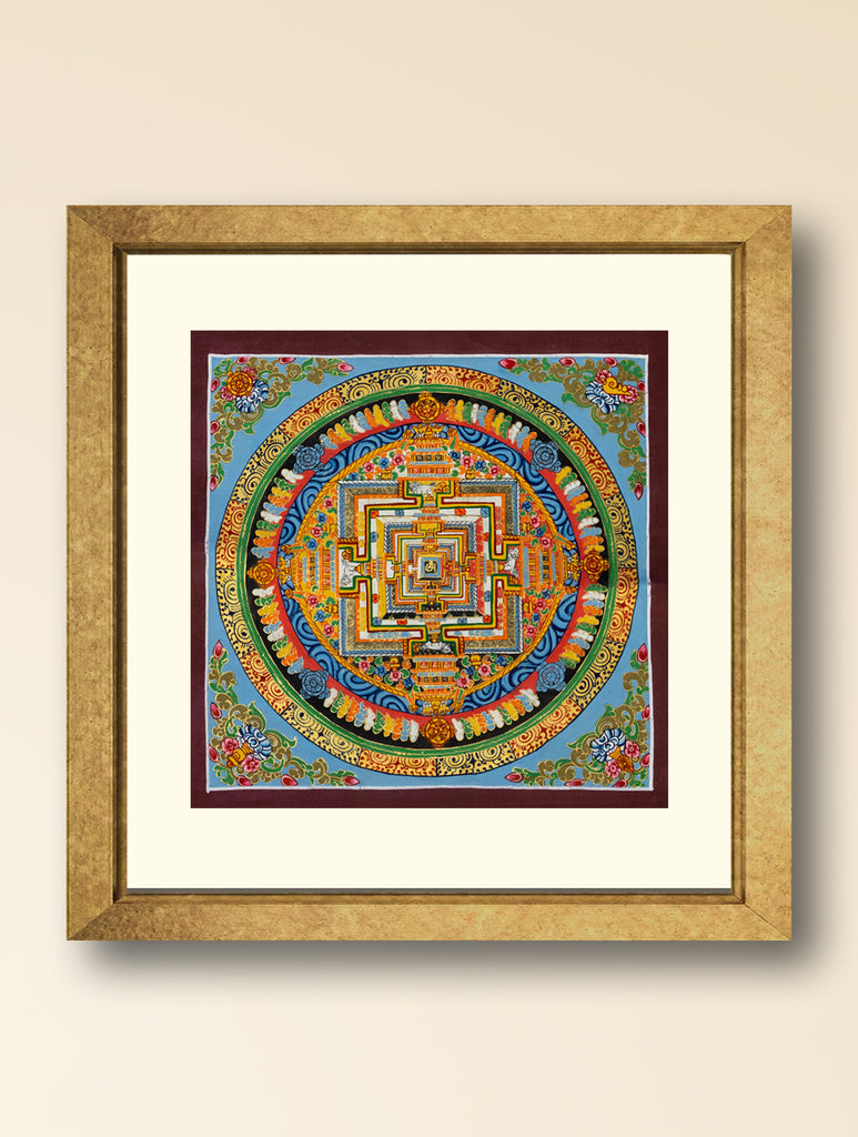 Handpainted Thangka Painting - Kalachakra Mandala, Blue (Unframed Height - 11" x Width - 11")