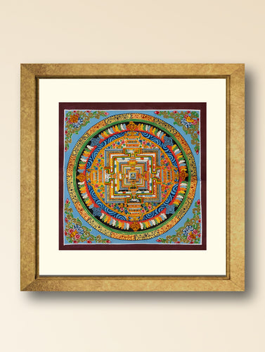 Handpainted Thangka Painting - Kalachakra Mandala, Blue (Unframed Height - 11