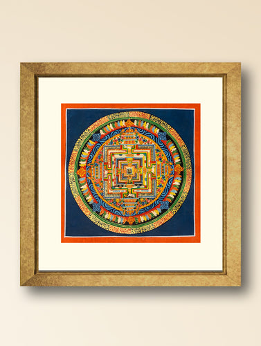 Handpainted Thangka Painting - Kalachakra Mandala, Deep Blue (Unframed Height - 11