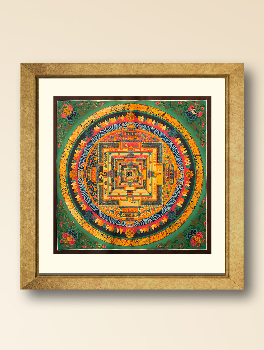 Load image into Gallery viewer, Handpainted Thangka Painting - Kalachakra Mandala, Green (Unframed Height - 19&quot; x Width - 19&quot;)