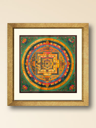 Handpainted Thangka Painting - Kalachakra Mandala, Green (Unframed Height - 19