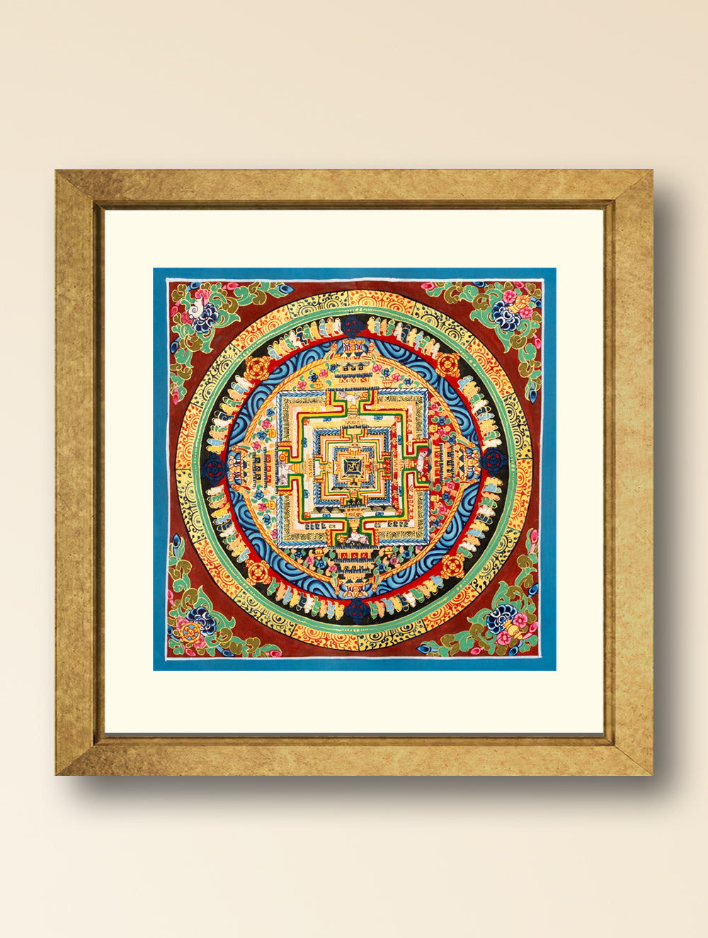 Load image into Gallery viewer, Handpainted Thangka Painting - Kalachakra Mandala, Red &amp; Green (Unframed Height - 11&quot; x Width - 11&quot;)