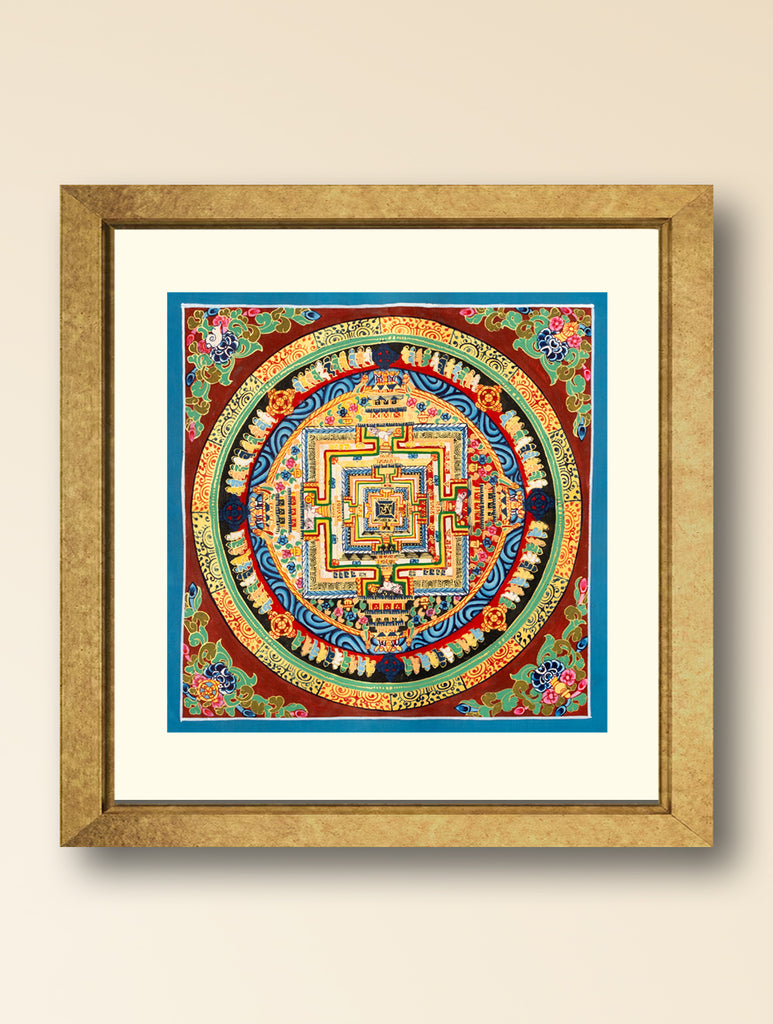 Handpainted Thangka Painting - Kalachakra Mandala, Red & Green (Unframed Height - 11" x Width - 11")