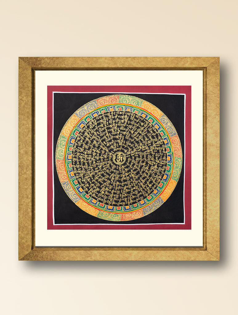 Handpainted Thangka Painting - Mantra Mandala,Vivid Hues (Unframed Height - 12" x Width - 12")