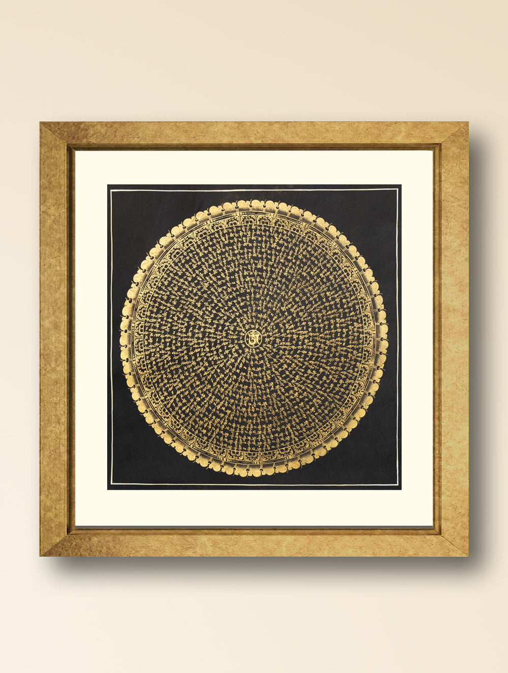 Load image into Gallery viewer, Handpainted Thangka Painting - Mantra Mandala, Black &amp; Gold (Unframed Height - 19&quot; x Width - 19&quot;)
