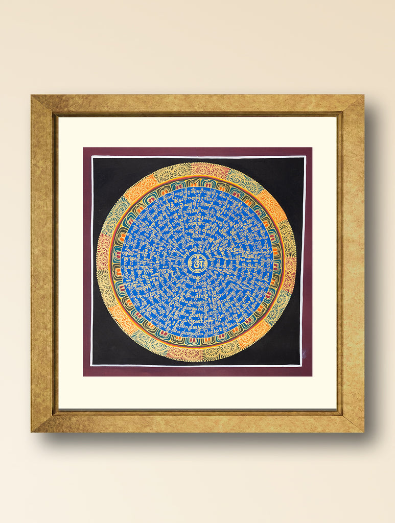 Handpainted Thangka Painting - Mantra Mandala, Blue (Unframed Height - 12" x Width - 12")