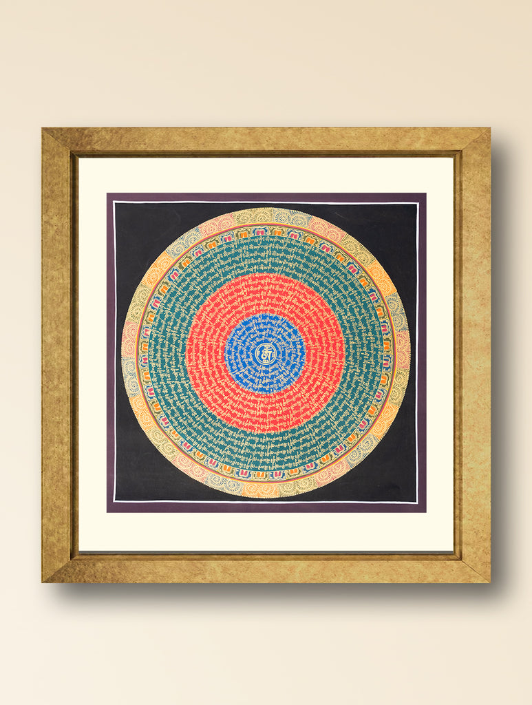 Handpainted Thangka Painting - The Mantra Mandala (Unframed Height - 19" x Width - 19")
