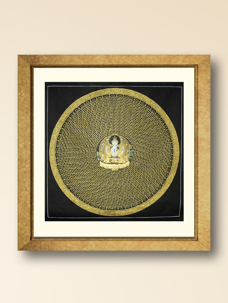 Handpainted Thangka Painting Large - Avalokiteshvara Mantra Mandala (Unframed Height - 39" x Width - 39")