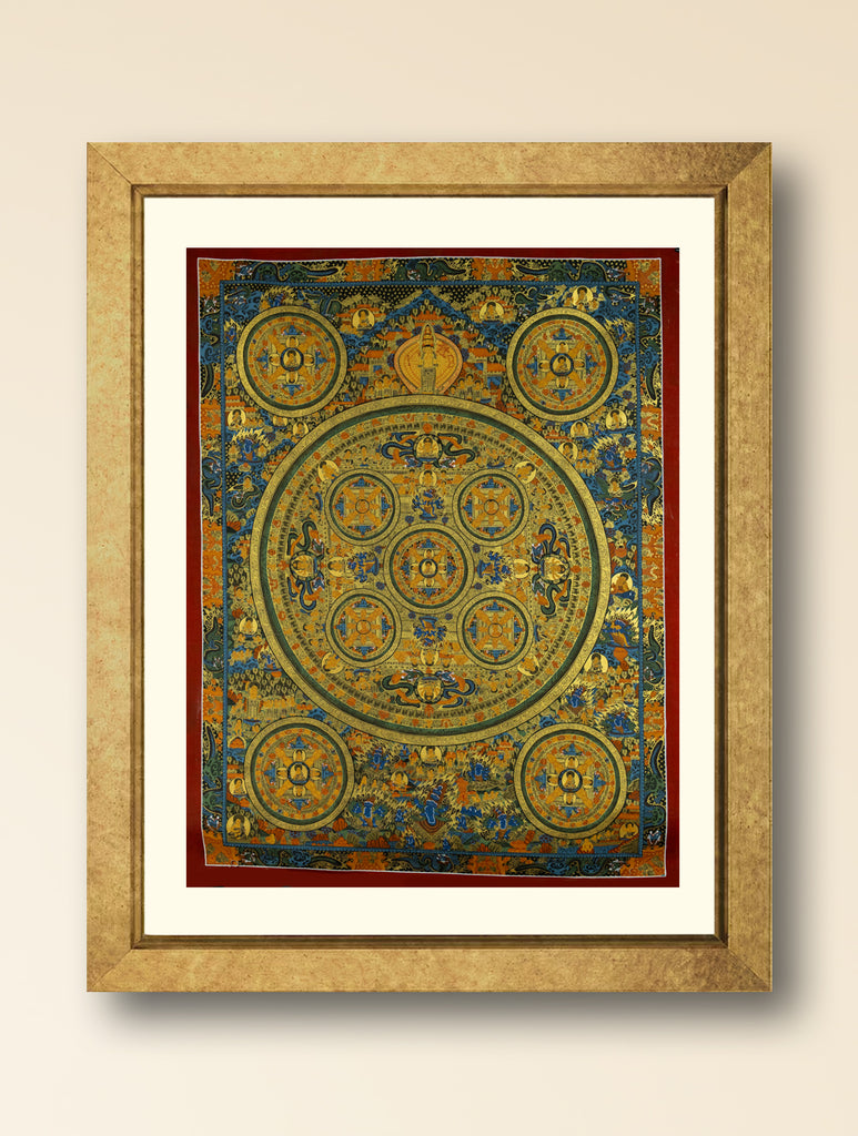 Handpainted Thangka Painting Large - Buddha Mandala, Blue & Gold (Unframed Height - 34" x Width - 33")