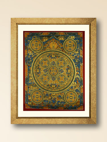 Handpainted Thangka Painting Large - Buddha Mandala, Blue & Gold (Unframed Height - 34