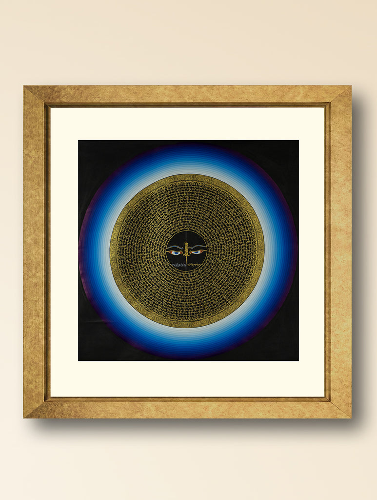 Handpainted Thangka Painting Large - Mantra Mandala, Blue Halo (Unframed Height - 39" x Width - 39")