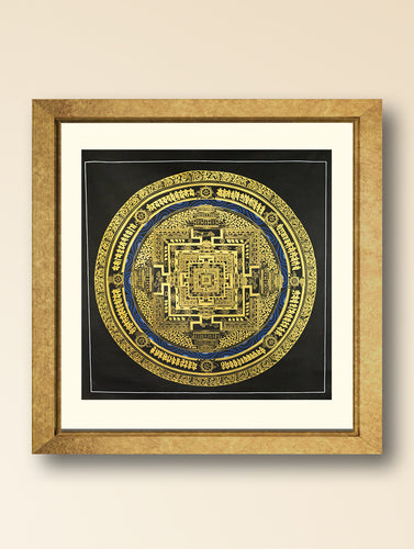 Handpainted Thangka Painting Large - The Kalachakra Mandala Black & Gold (Unframed Height - 39
