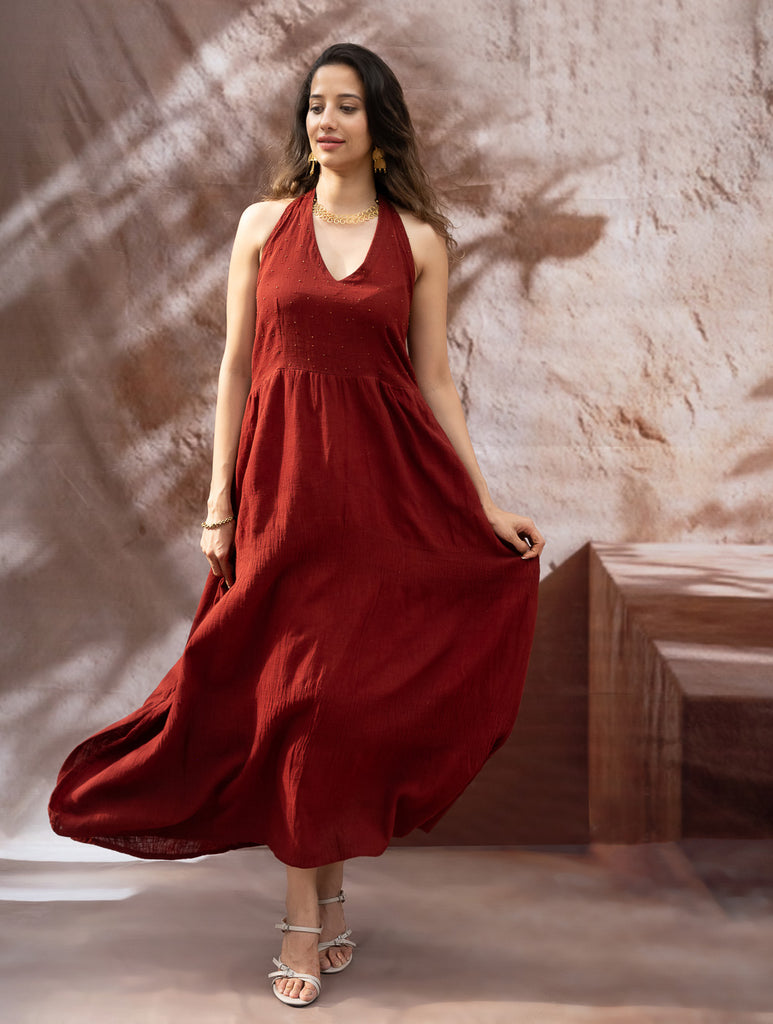 Handwoven Elegance. Organic Kala Cotton Long Dress - Warm Wine Red