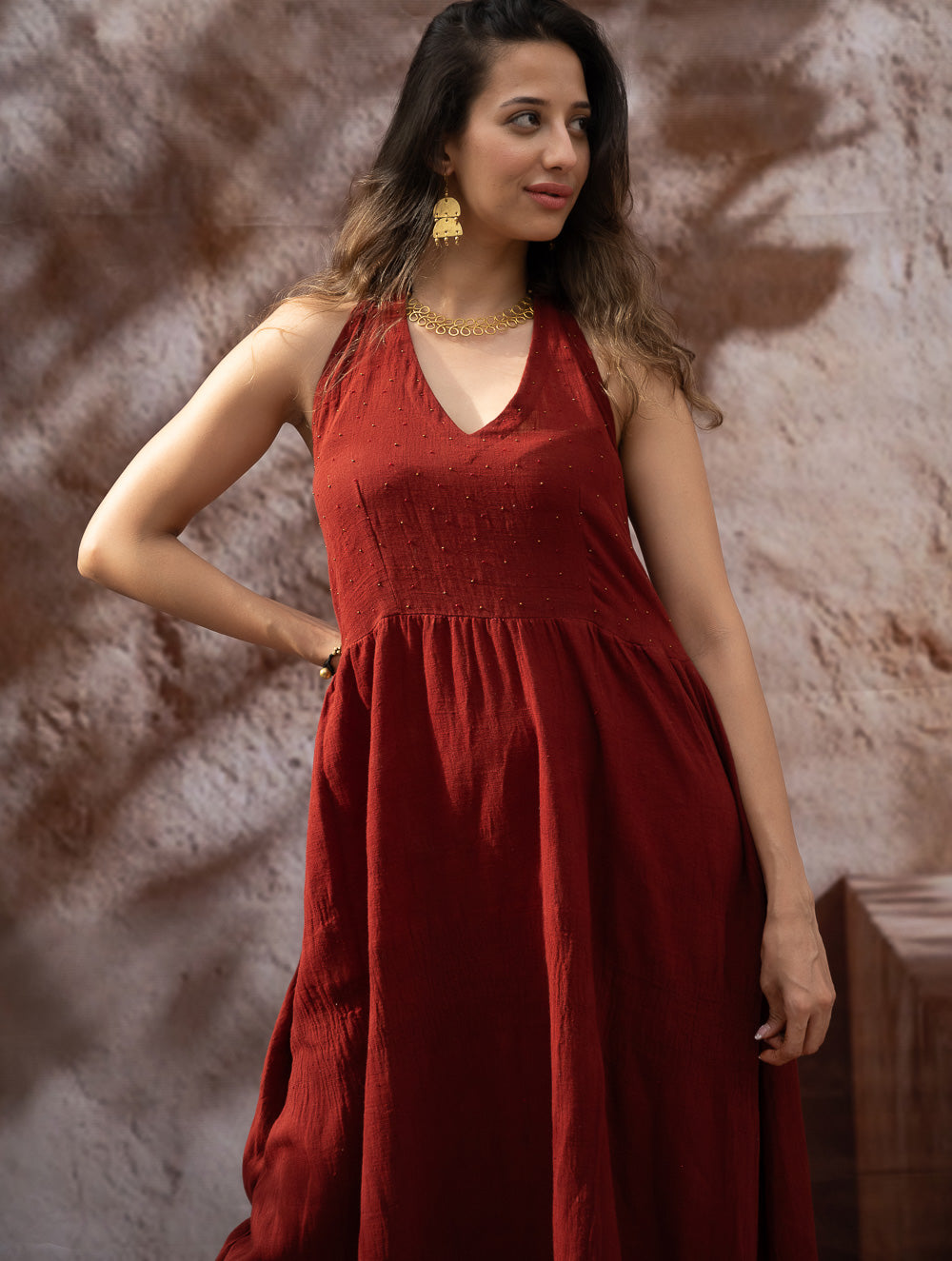 Handwoven Elegance. Organic Kala Cotton Long Dress - Warm Wine Red