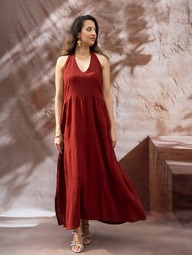 Handwoven Elegance. Organic Kala Cotton Long Dress - Warm Wine Red